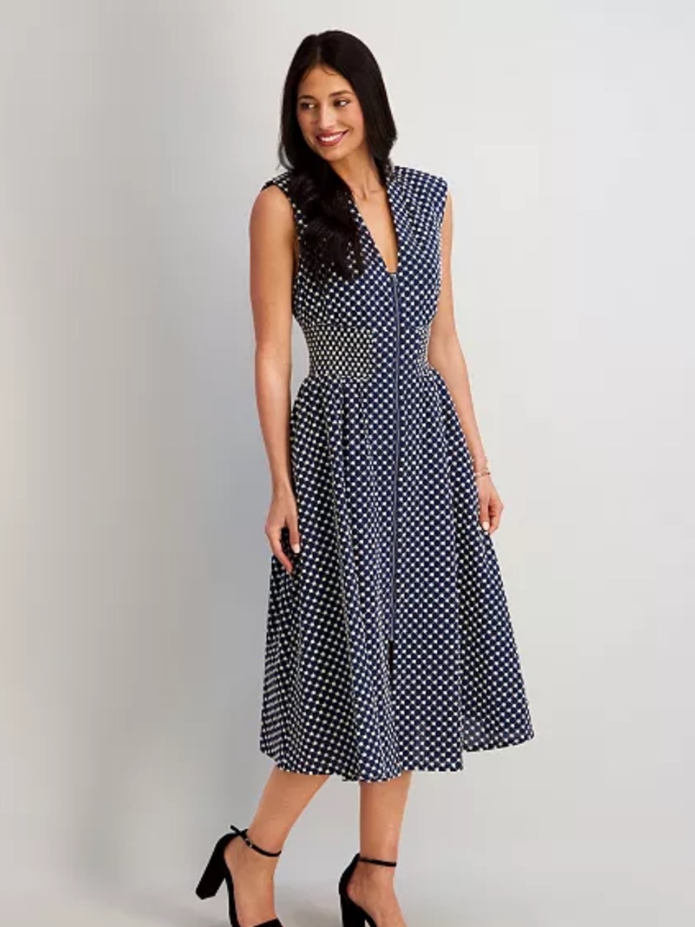 Polka Dot Navy Sleeveless Fit-and-Flare Midi Dress